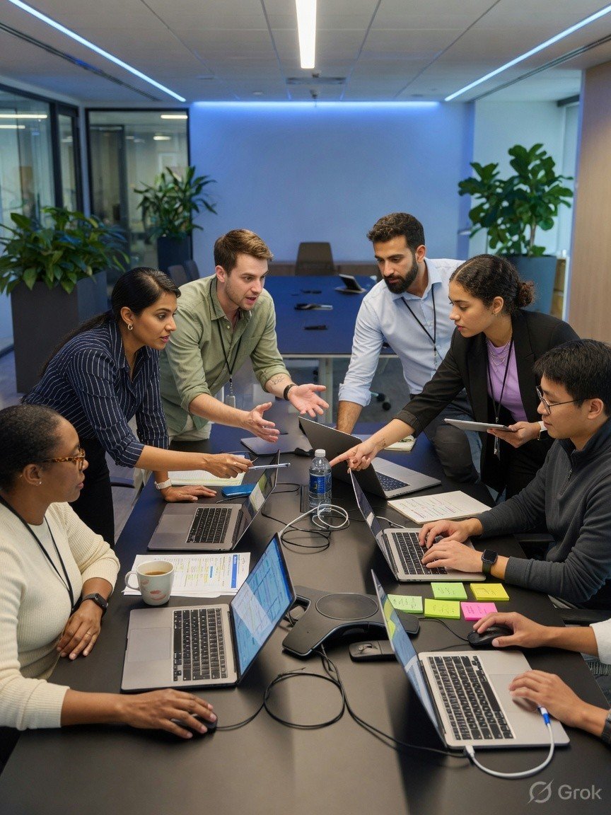 IT project team collaborating on delivery in a modern office