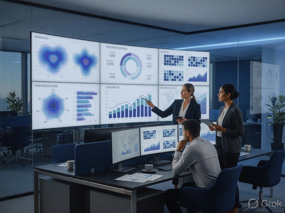 Insurance technology team working with analytics dashboards