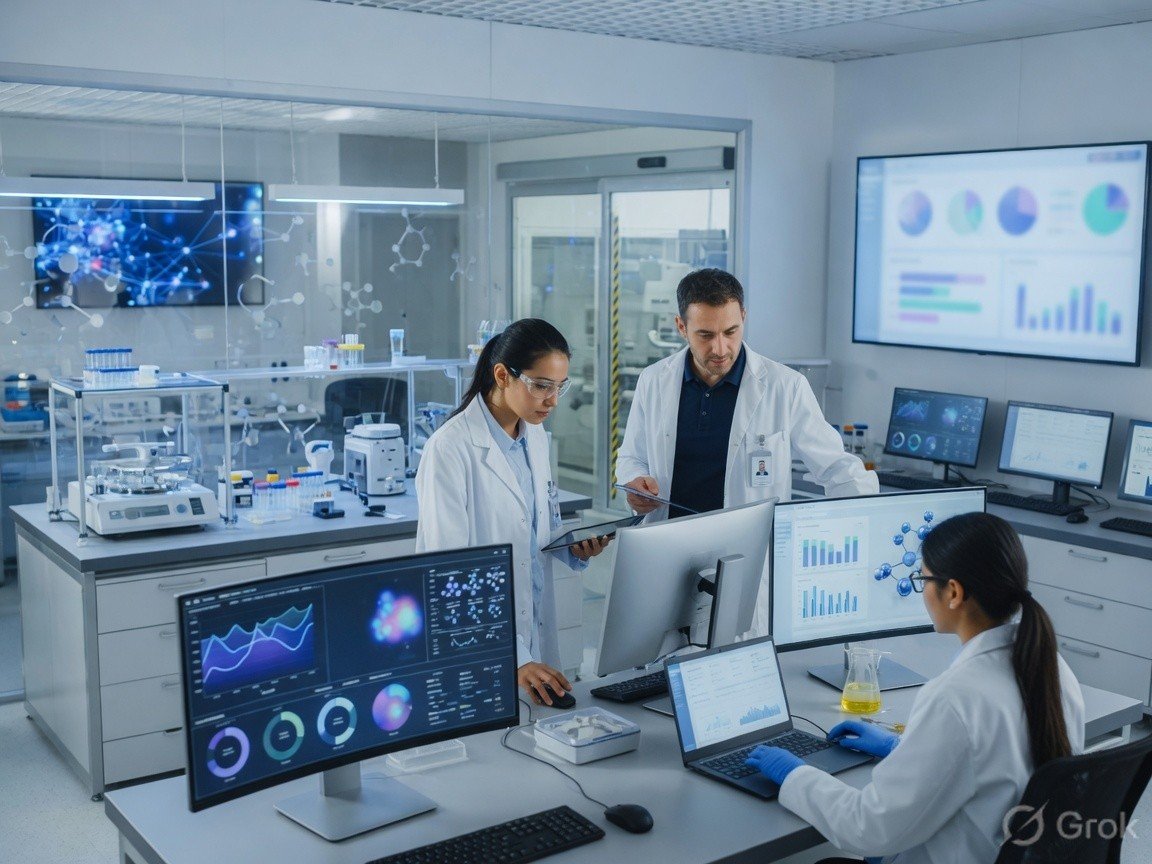 Pharmaceutical technology and data professionals at work