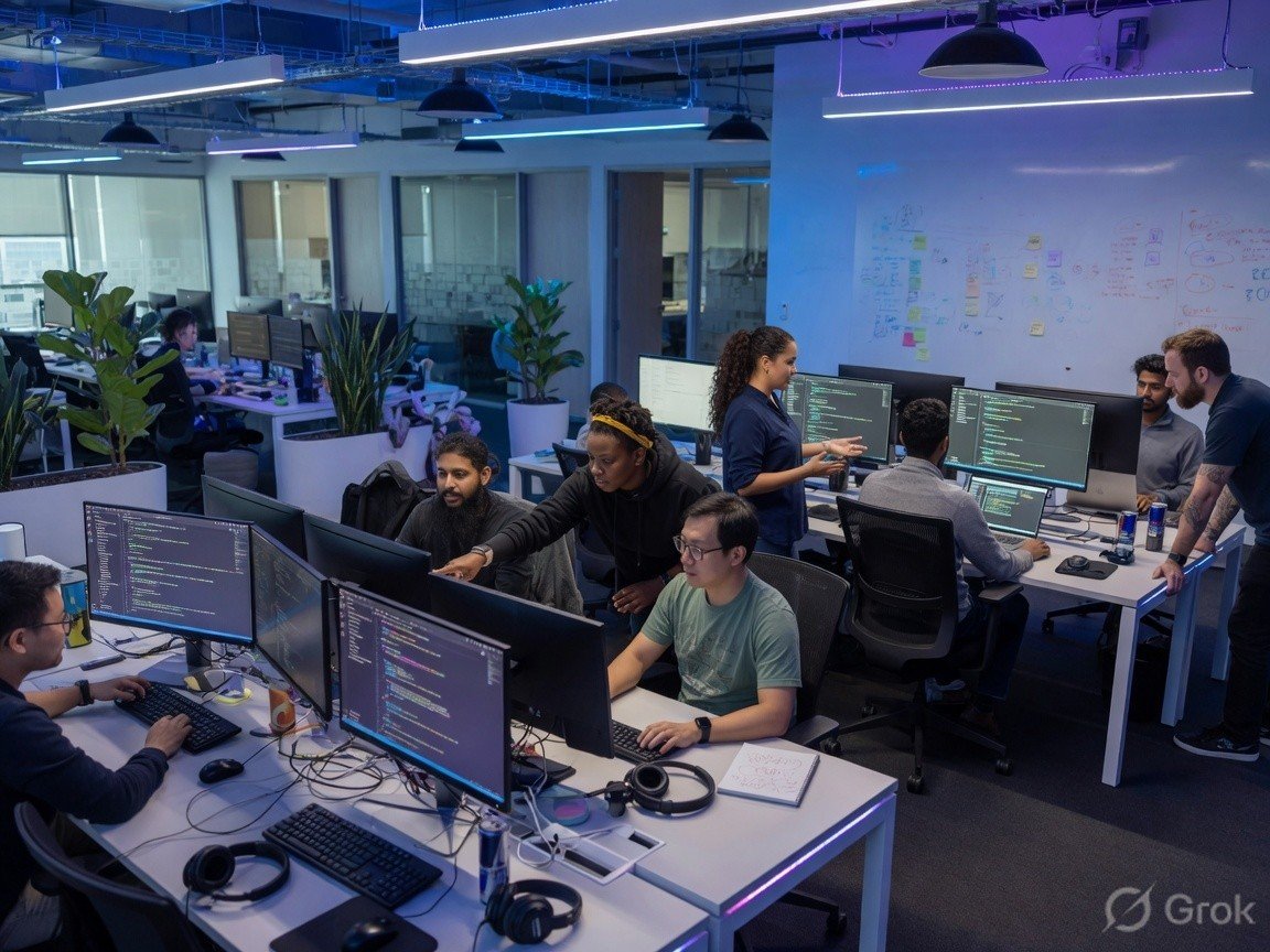 Technology company software engineers collaborating