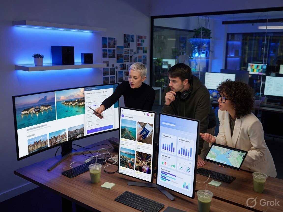Travel and media technology professionals reviewing digital platforms