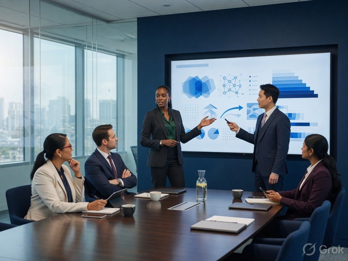 Technology consultants presenting strategy in a modern conference room