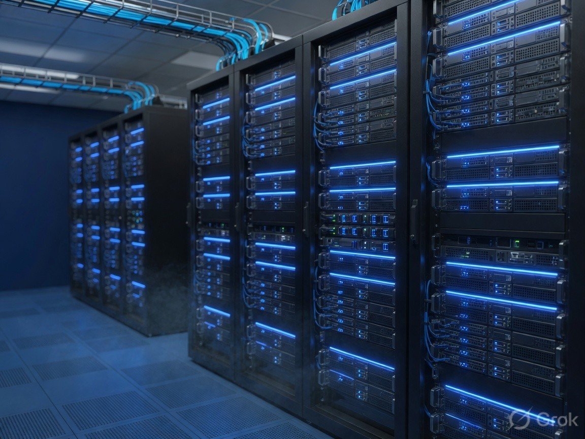 Enterprise data center server infrastructure with blue lighting