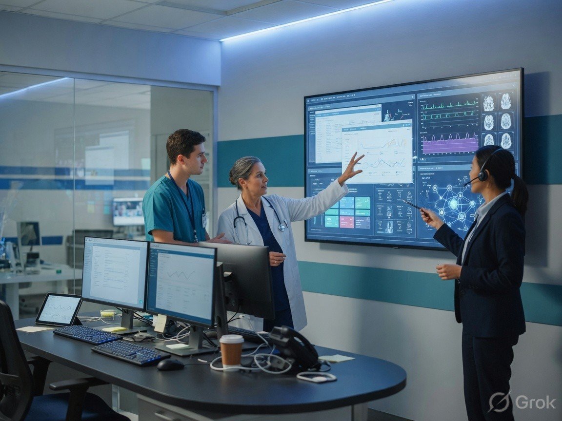 Healthcare technology specialists collaborating on digital health systems